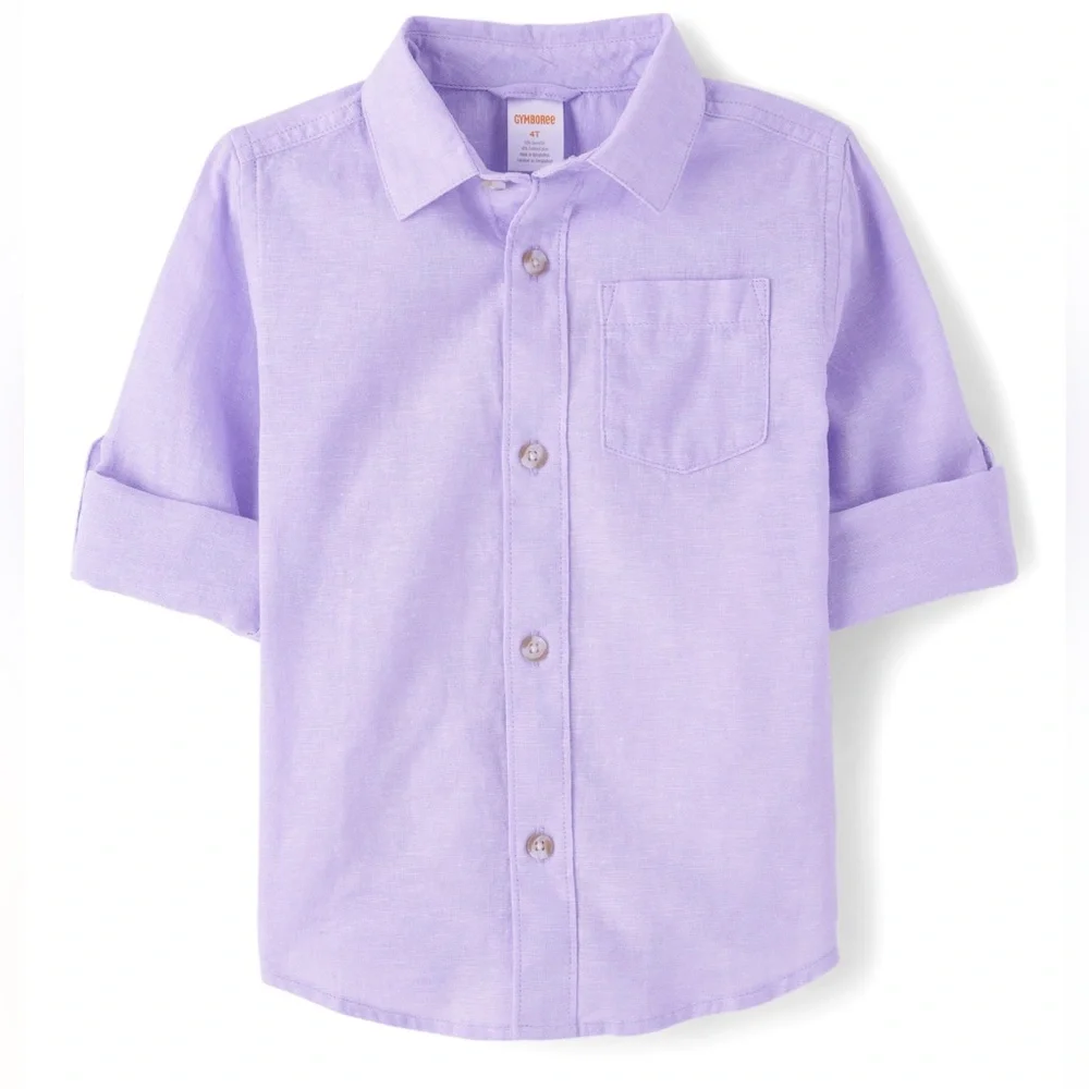 Gymboree Boys 5T Lavender Linen Blend Roll Tab Button Down Shirt NWT